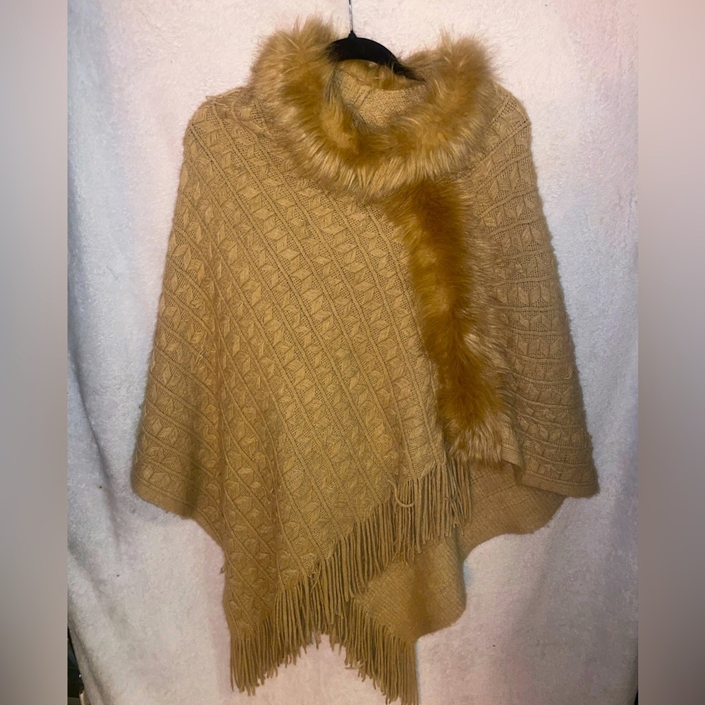 Faux Fur Light Brown Poncho with Knit Pattern and Tassles